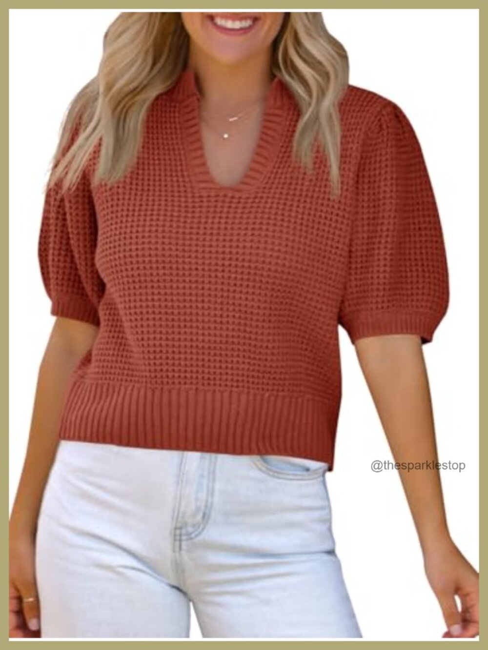 Womens Waffle Knit Puff Short Sleeve V Neck Sweater Top Cropped Trendy